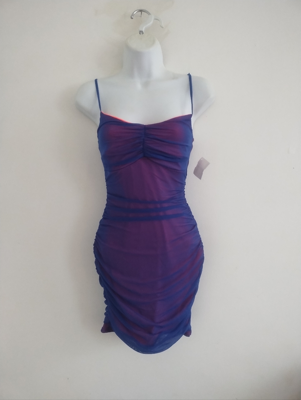 NWT Stylehive Necessary Clothing Neon Mesh Blue Ruched Y2K Mini Dress